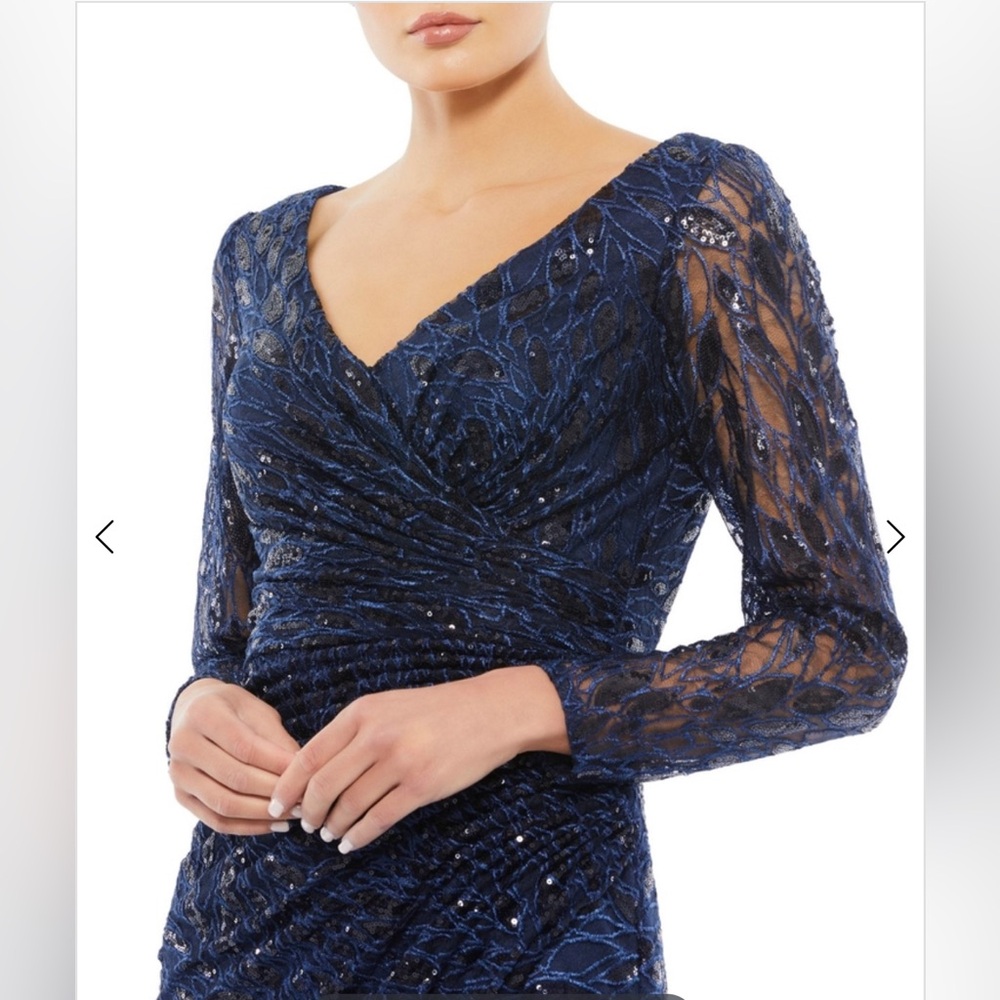 Long sleeve ruched sequined v neck gown - Picture 3 of 3